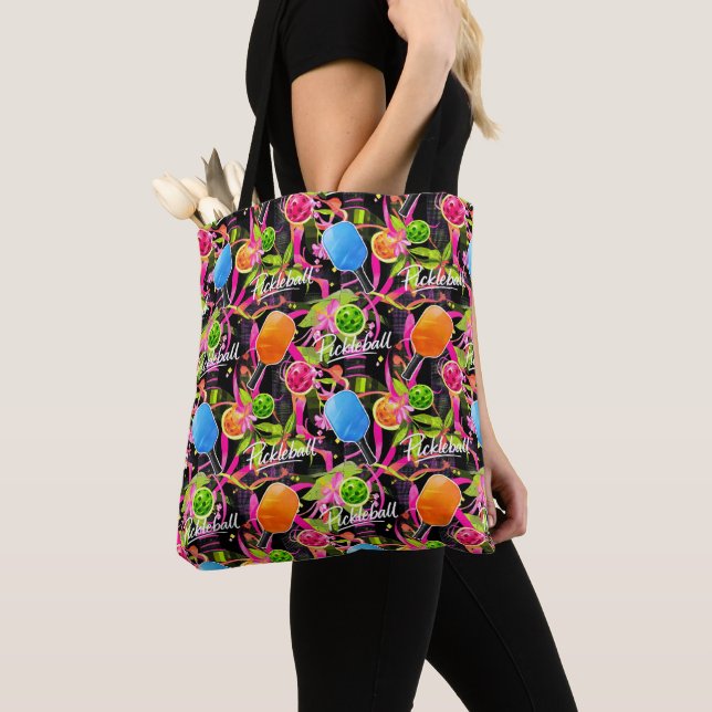 Bold Pickleball Paddles & Florals Tote Bag (Close Up)