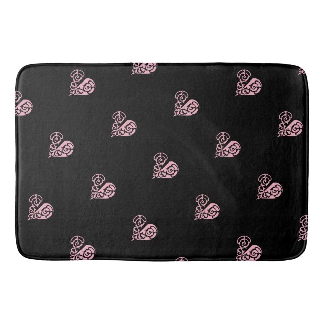 Bold Pink and Black Filigree Heart Bath Mat (Front)
