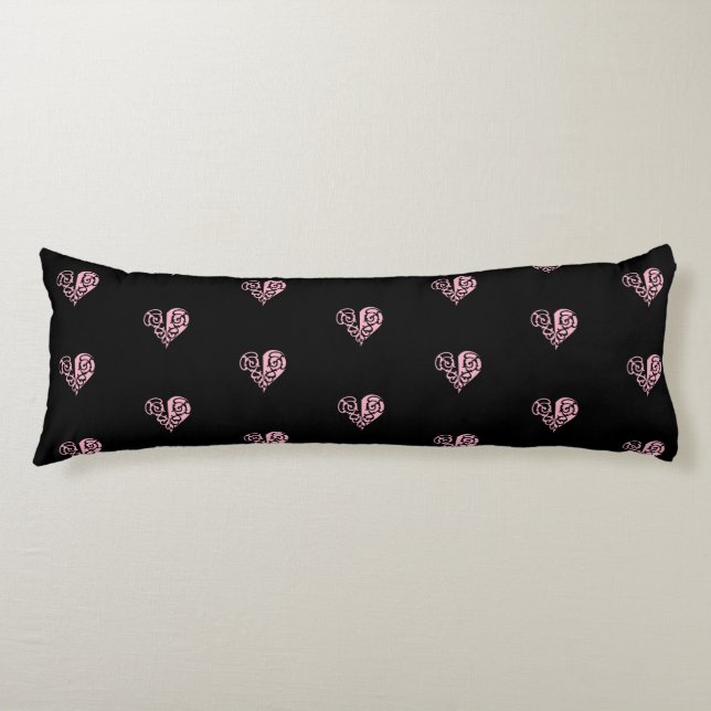 Bold Pink and Black Filigree Heart Body Pillow (Front)