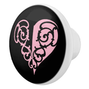 Bold Pink and Black Filigree Heart Ceramic Knob