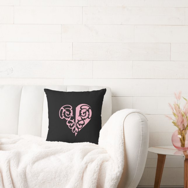 Bold Pink and Black Filigree Heart  Cushion (Couch)