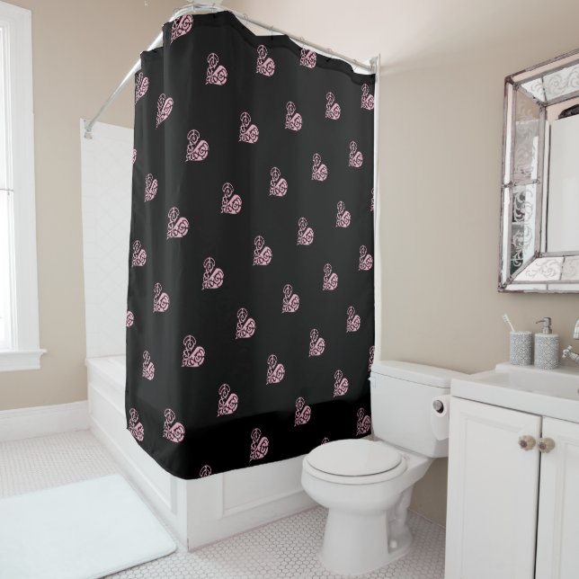 Bold Pink and Black Filigree Heart Shower Curtain (In Situ)