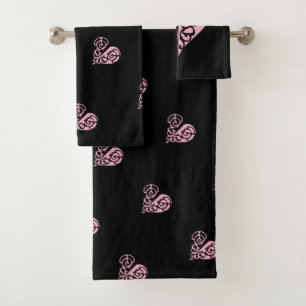 Bold Pink and Black Filigree Heart Towel Set
