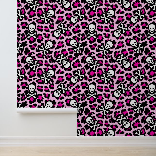 Bold Pink and Black Punk Jolly Roger Leopard Print Wallpaper (Application)