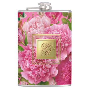 Bold Pink and Green Floral Monogram Party Flask