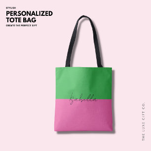 Bold Pink and Green Shopping Tote Bag with Name
