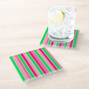 Bold Pink and Green Stripes Glass Coaster