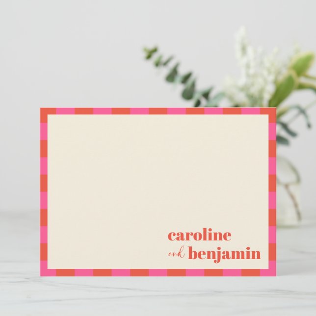Bold Pink and Orange Chequerboard Custom Wedding Thank You Card (Standing Front)