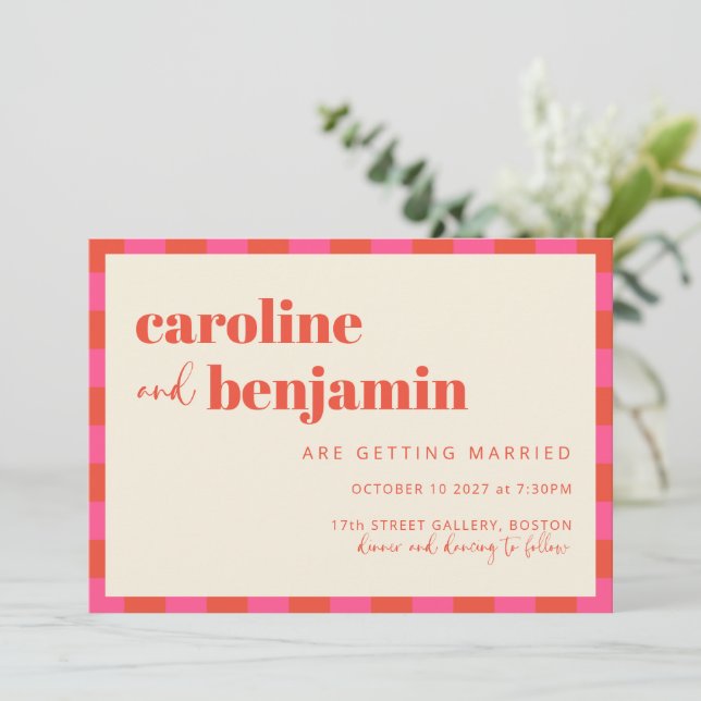 Bold Pink and Orange Chequerboard Pattern Wedding  Invitation (Standing Front)