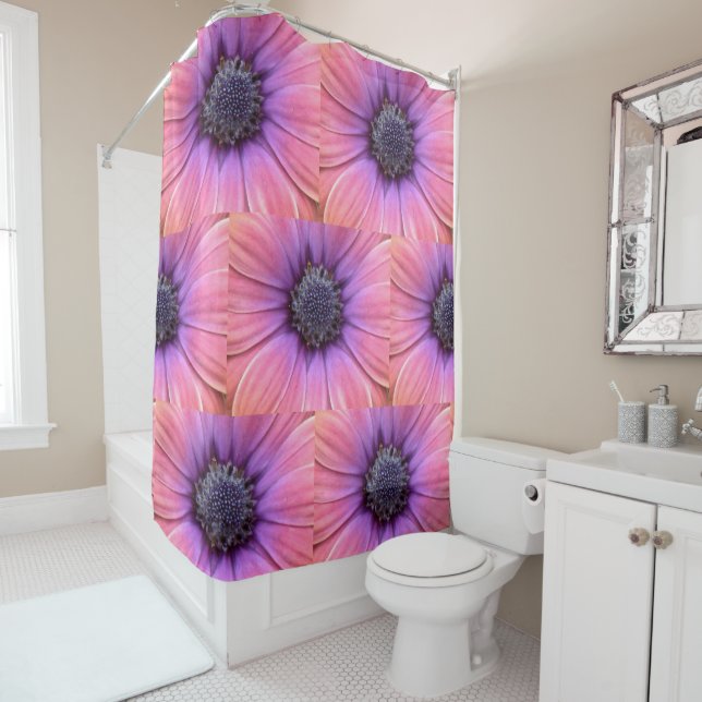 Bold Pink and Orange Daisies Shower Curtain (In Situ)