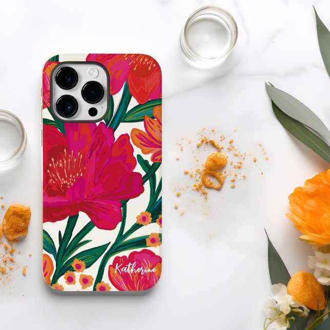 Bold Pink and orange floral Personalised name Case-Mate iPhone Case (Creator Uploaded)