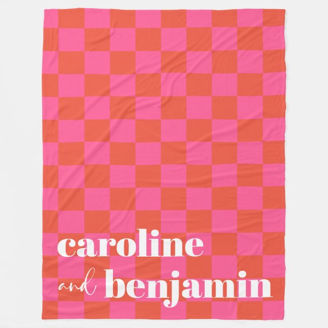 Bold Pink and Red Chequerboard Custom Wedding Fleece Blanket (Front)
