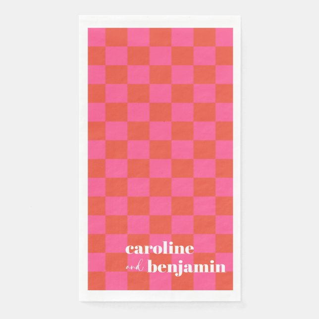 Bold Pink and Red Chequerboard Custom Wedding Napkin (Front)