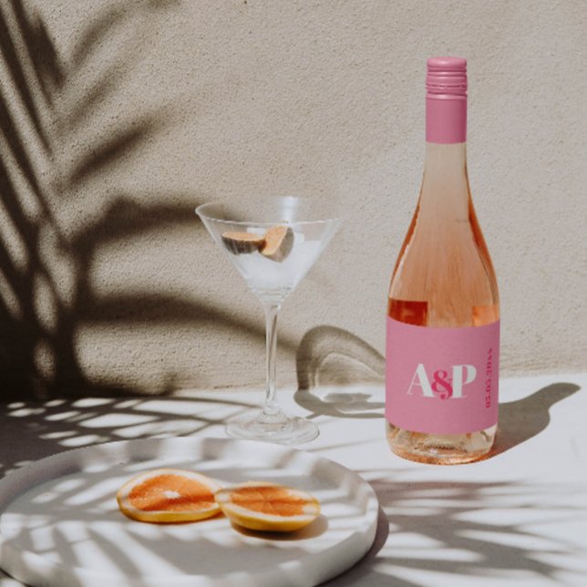 Bold Pink And White Typography Valentines Day Sparkling Wine Label (Vibrant pink typography wine bottle labels featuring modern couples monogram for wedding shower)