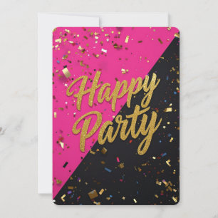 Bold pink/black background, gold confetti, fun scr invitation