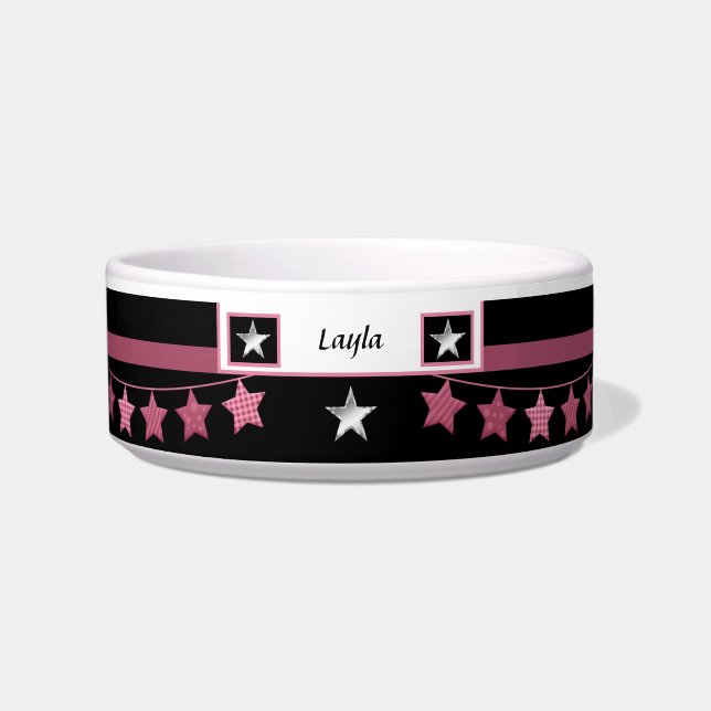 Bold Pink/Black Personalised Pet Bowl with Stars (Front)