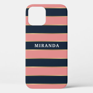 Bold Pink Blue Gold Stripe Pattern iPhone 12 Case