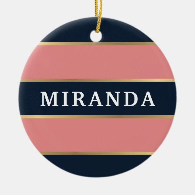Bold Pink Blue Gold Stripe Pattern Ceramic Tree Decoration (Front)