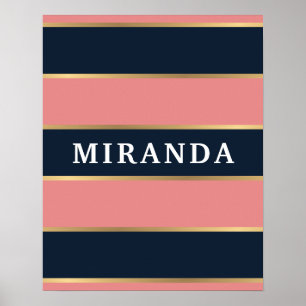 Bold Pink Blue Gold Stripe Pattern Poster