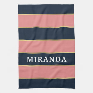 Bold Pink Blue Gold Stripe Pattern Tea Towel