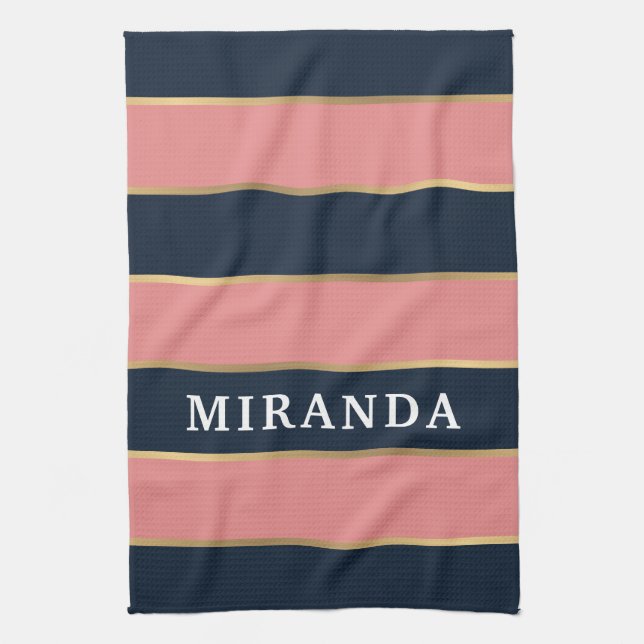 Bold Pink Blue Gold Stripe Pattern Tea Towel (Vertical)