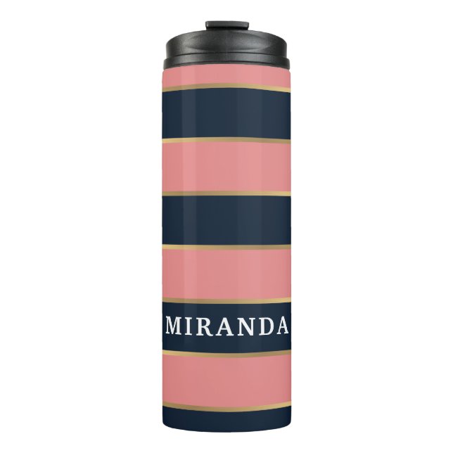 Bold Pink Blue Gold Stripe Pattern Thermal Tumbler (Front)
