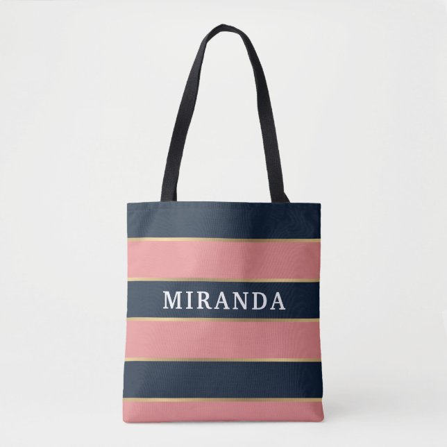 Bold Pink Blue Gold Stripe Pattern Tote Bag (Front)