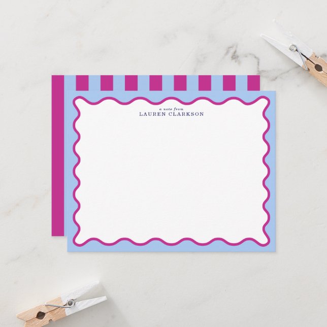 Bold Pink & Blue Striped Wavy Frame Note Card (Front/Back In Situ)