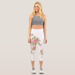 Bold Pink Cabbage Roses on White Background Capri Leggings<br><div class="desc">Bold romantic pink cabbage rose blooms and buds with green foliage,  small pink and white posies and light gold beading on white background.</div>