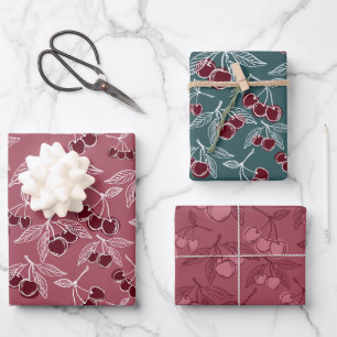 Bold Pink & Cherry Red & Turquoise Girly Cherries Wrapping Paper Sheet