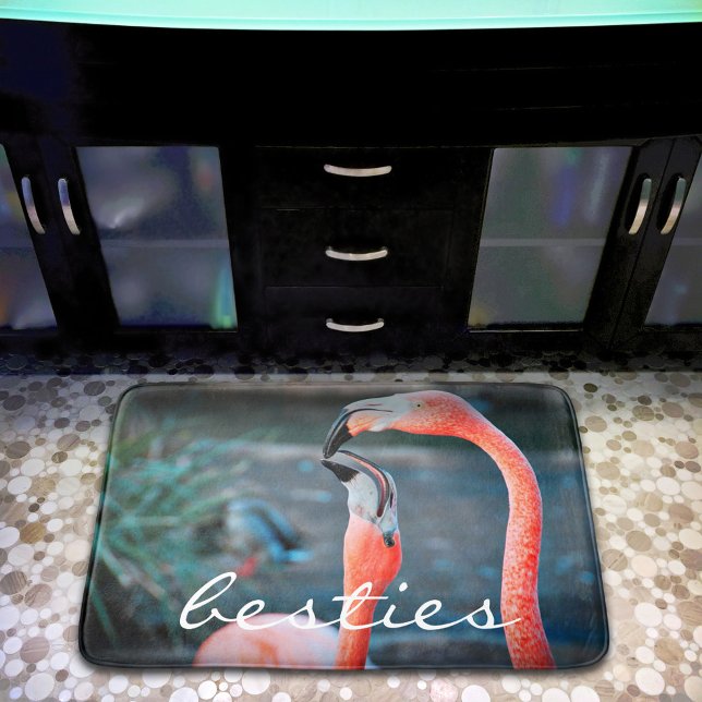 Bold Pink Flamingo Besties Friends Photo Cute Fun Bath Mat (Creator Uploaded)