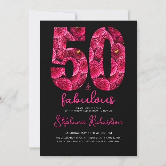 Bold Pink Floral 50 and Fabulous Birthday Party Invitation (Front)