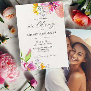 Bold Pink Floral Photo Wedding Invitations