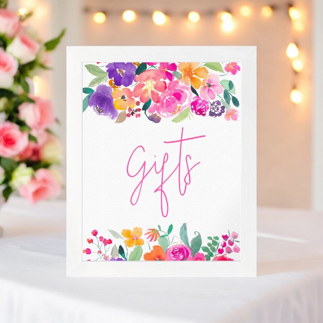 Bold pink floral watercolor bridal shower gifts poster (Bold pink floral watercolor bridal shower gifts poster)