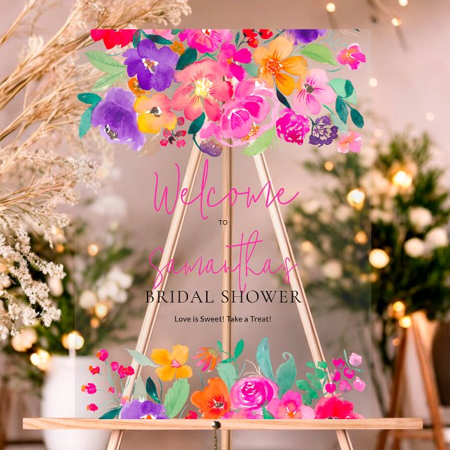 Bold pink floral watercolor bridal shower welcome acrylic sign (Bold pink floral watercolor bridal shower welcome acrylic sign)