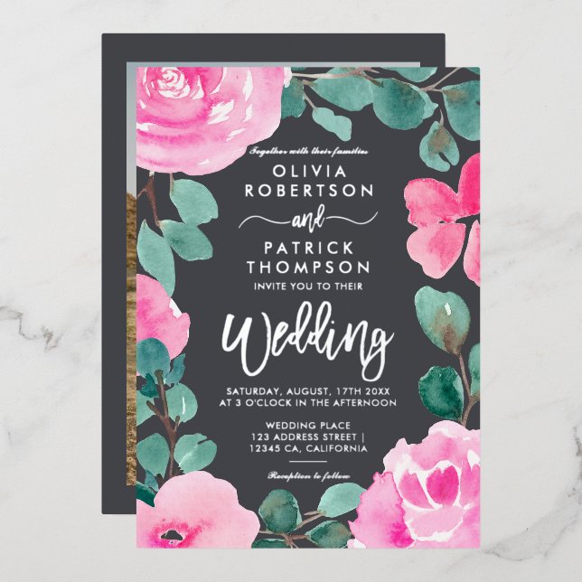 Bold pink floral watercolor photo wedding silver (Front/Back)