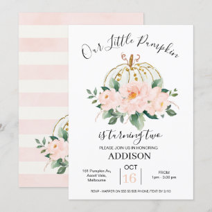 Bold Pink Gold Floral Pumpkin Birthday Invitation