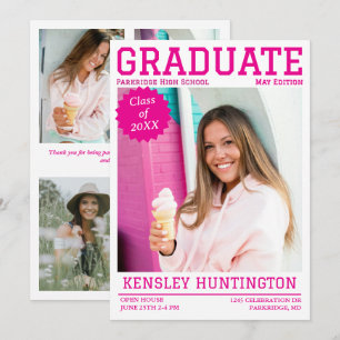 Bold Pink Graduation Magazine Style Party Invitation