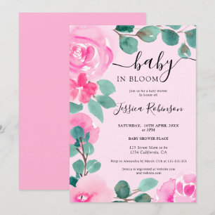 Bold pink green floral watercolor baby shower invitation