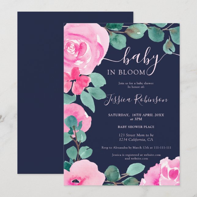 Bold pink green floral watercolor baby shower invitation (Front/Back)