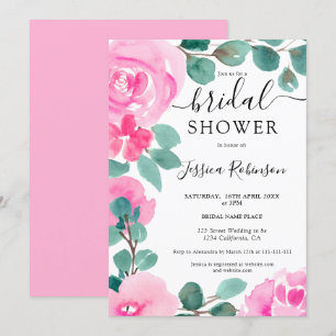 Bold pink green floral watercolor bridal shower invitation