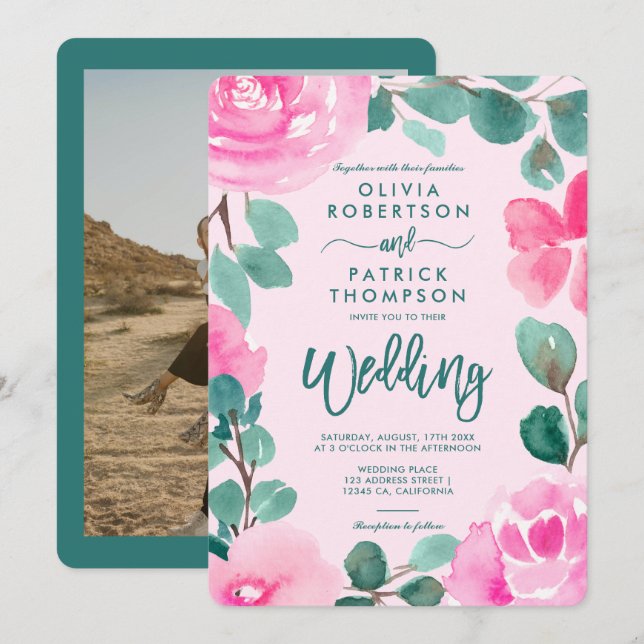 Bold pink green floral watercolor photo wedding invitation (Front/Back)