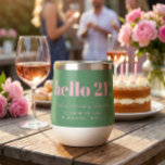 Bold Pink Green Modern 21st Birthday Custom<br><div class="desc">This personalized wine tumbler features bold typography with a playful “hello 21” message in green on a bright pink background for a fun, modern celebration look. Customized with a name, date, and location, it’s perfect for milestone birthdays, parties, or weekend getaways. The clean, eye-catching design makes it easy to use...</div>
