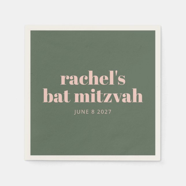 Bold Pink Green Personalised Bat Mitzvah Name Napkin (Front)