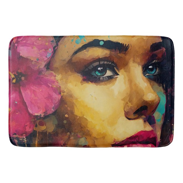 Bold Pink Hibiscus and Woman Abstract Portrait Bath Mat (Front)