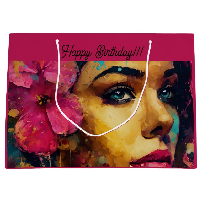Bold Pink Hibiscus and Woman Abstract Portrait Large Gift Bag (Front)