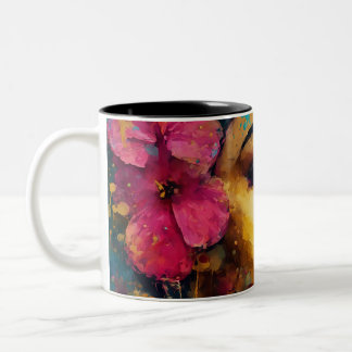 Bold Pink Hibiscus and Woman Abstract Portrait  Two-Tone Coffee Mug
