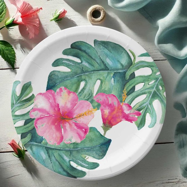 Bold Pink Hibiscus Tropical Watercolor Floral Paper Plate (Paper plates watercolor pink hibiscus flower and palm leaf art by Victoria Grigaliunas DoTellABelle)