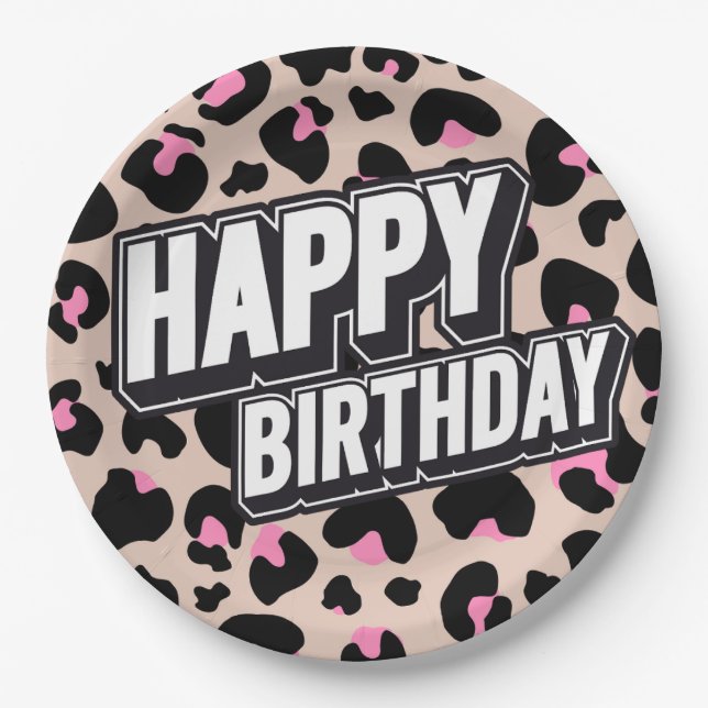 Bold Pink Leopard Happy Birthday Paper Plate (Front)