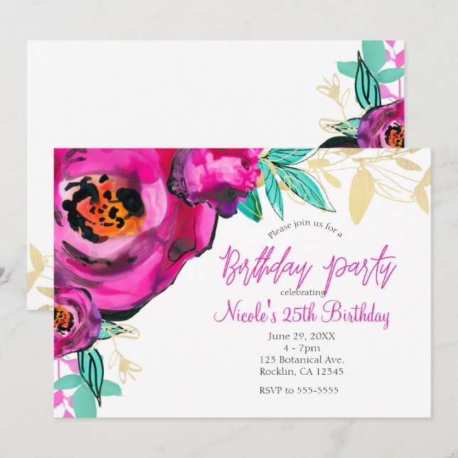 Bold Pink Modern Floral Watercolor Birthday Party Invitation (Front/Back)